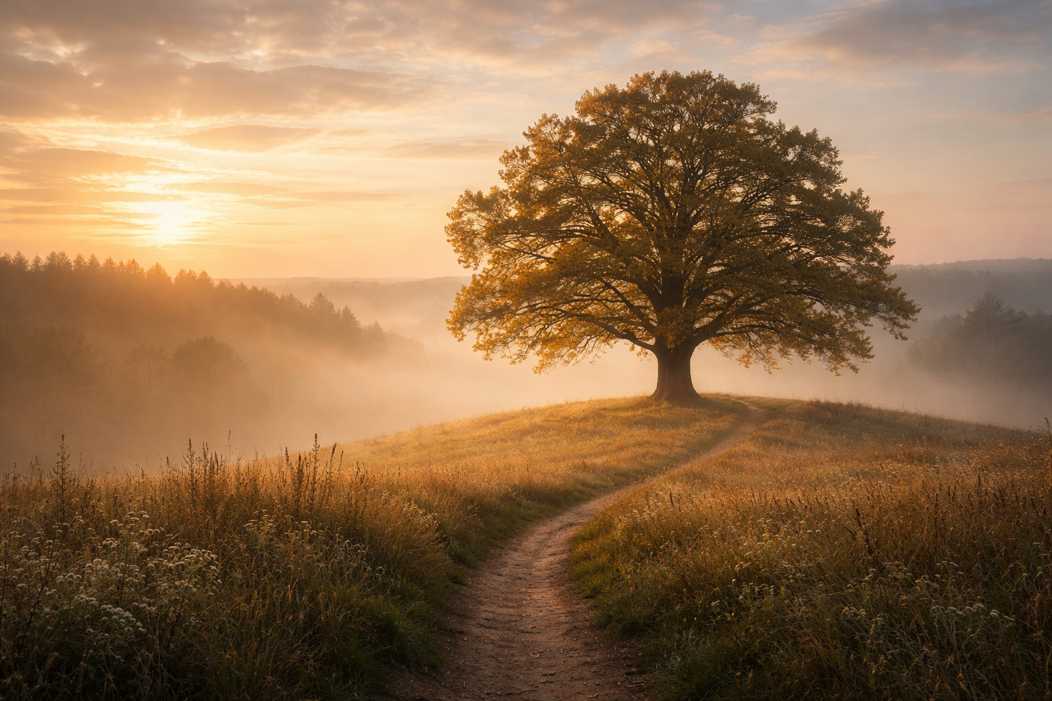 A single tree on a small hill at sunrise with a narrow path leading toward it, surrounded by soft mist and tall grass.